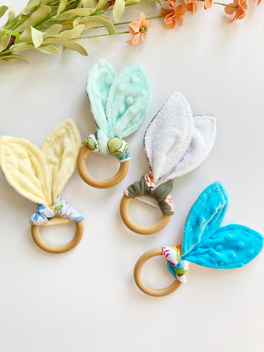 Baby bunny ear wooden ring teether with boho floral leopard Winnie the Pooh and more cotton fabric options with soft minky on reverse side, 2.75” baby safe wooden ring