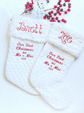 Our First Christmas as Mr and Mrs stocking, set of 2 personalize lined quilted and Minky, 18” heirloom wedding shower gift, newlywed gift