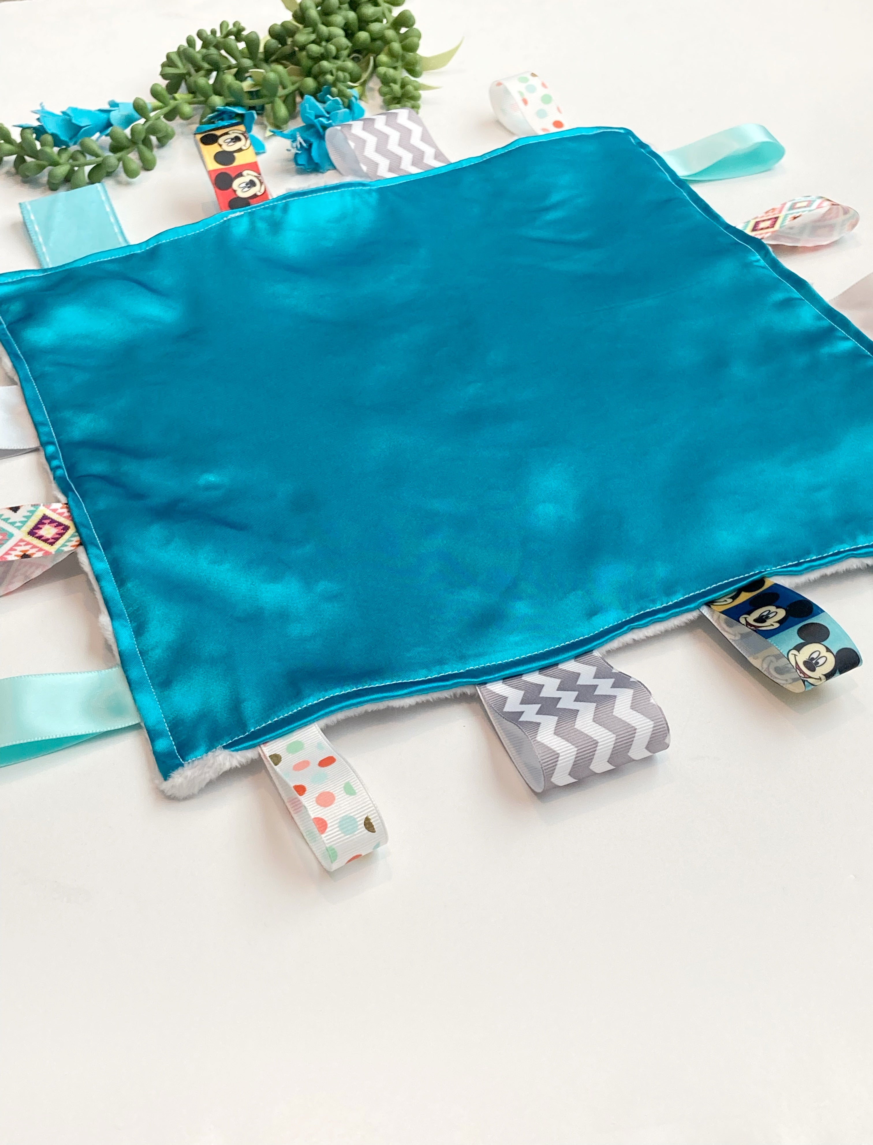 Satin and minky sensory 12" lovey with ribbon tags for sensory comfort or toy, baby shower gift or for all ages, elders and special needs, choose colors
