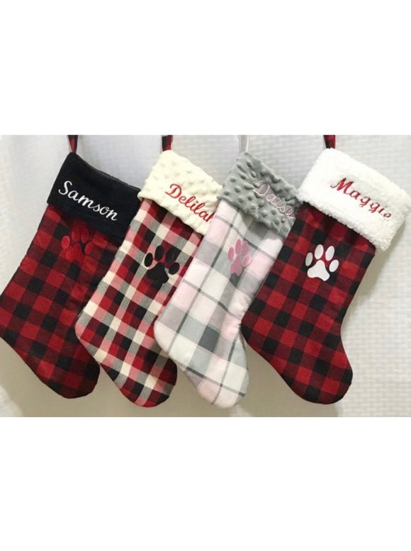 Pet Christmas stocking | personalize | buffalo plaid |embroidered | dog cat | minky cuff | fully lined stocking | flannel | 16.5