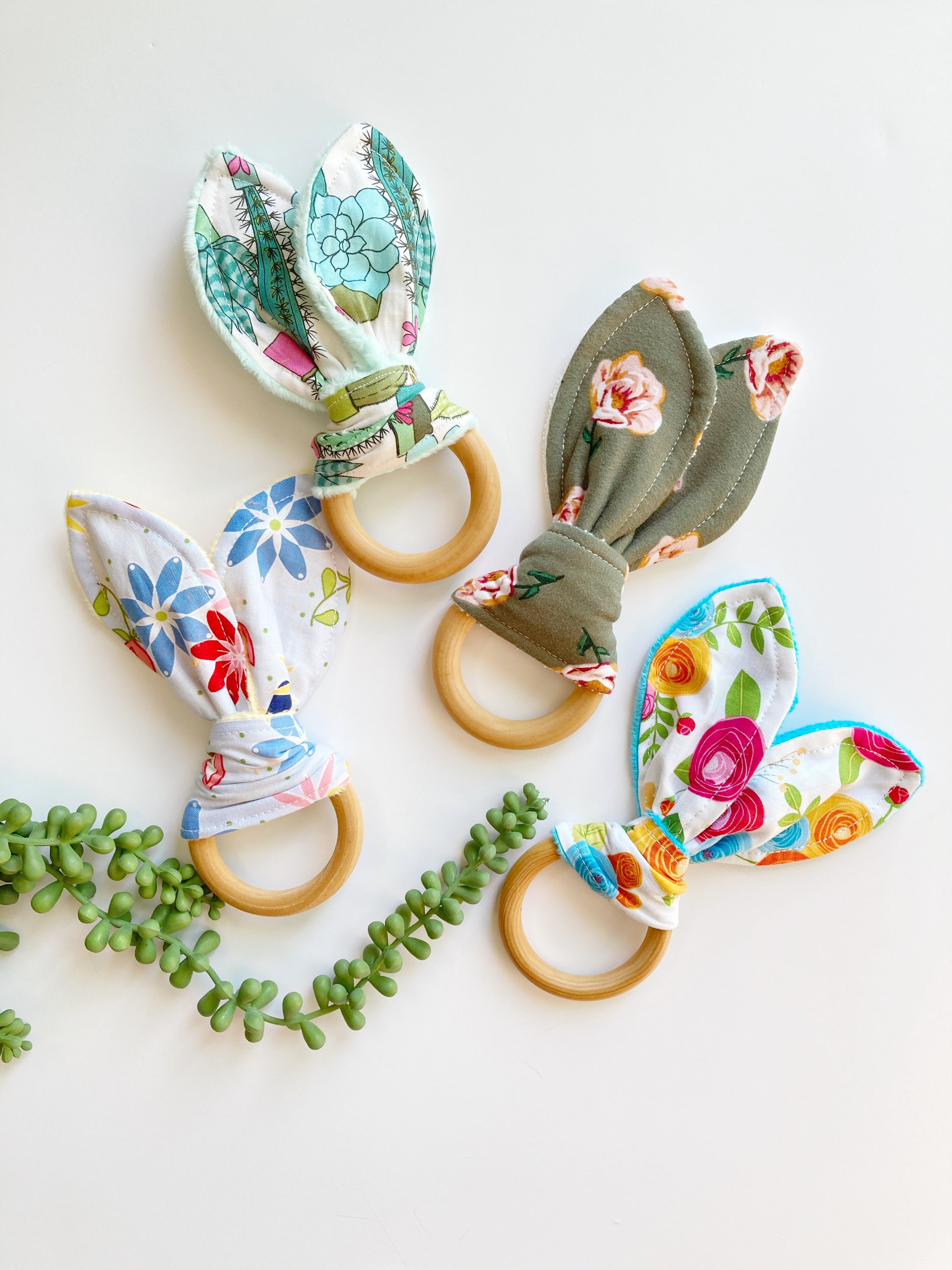 Baby bunny ear wooden ring teether with boho floral leopard Winnie the Pooh and more cotton fabric options with soft minky on reverse side, 2.75” baby safe wooden ring