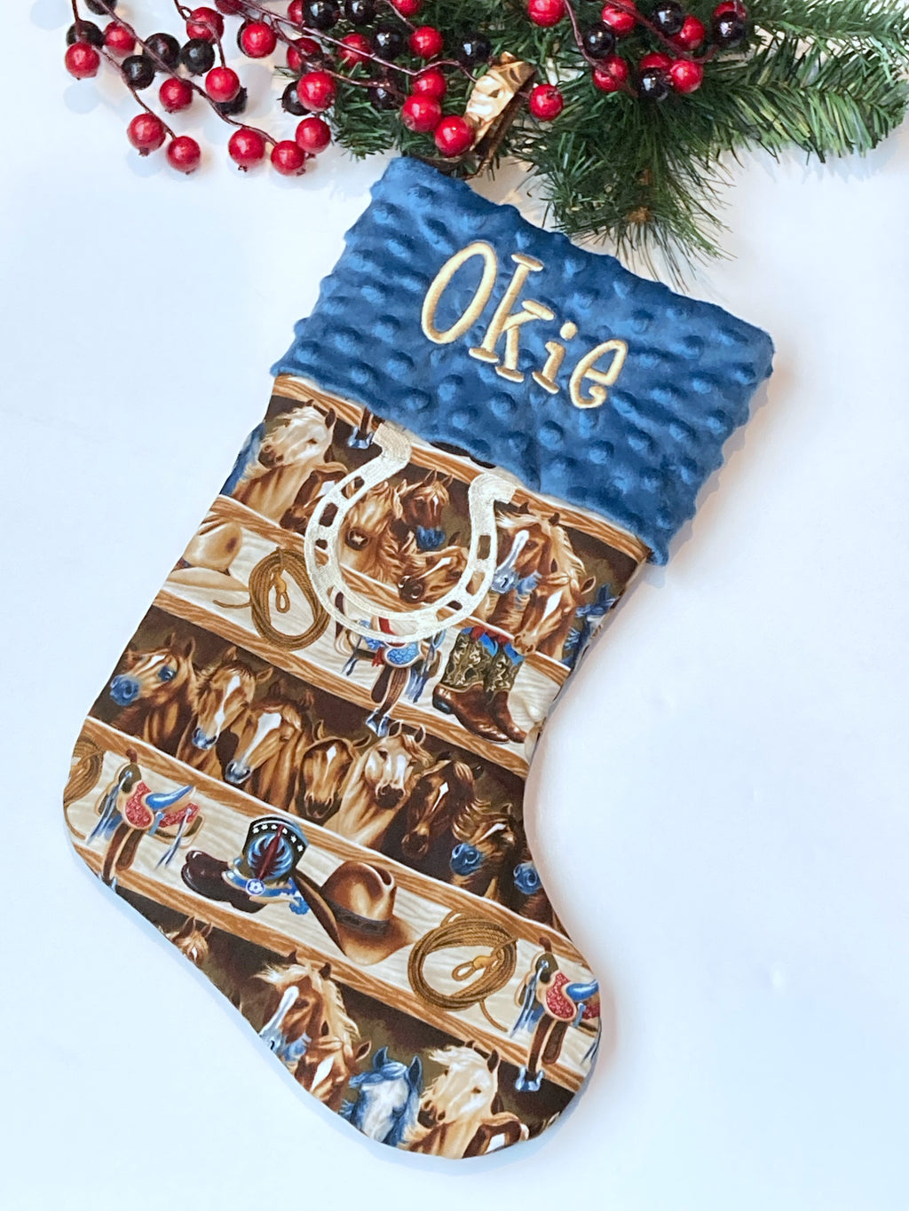 Horse Pony Christmas stocking choose horse print, Buffalo or red plaid, personalized stocking fully lined, embroidered horseshoe, 18”