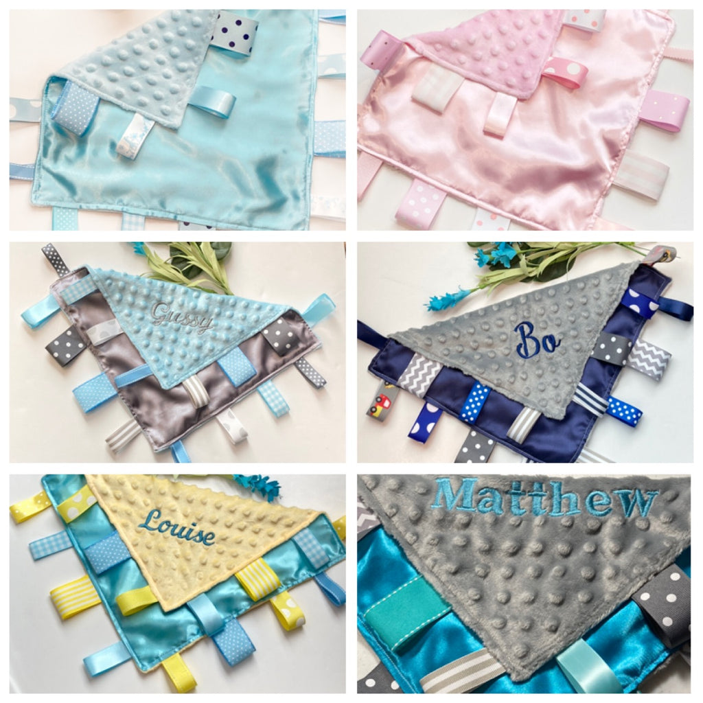 Satin and minky ribbon tag lovey Blanket, choose satin and minky colors, baby shower, birthday or christening  gift for girl or boy sensory toy 12”