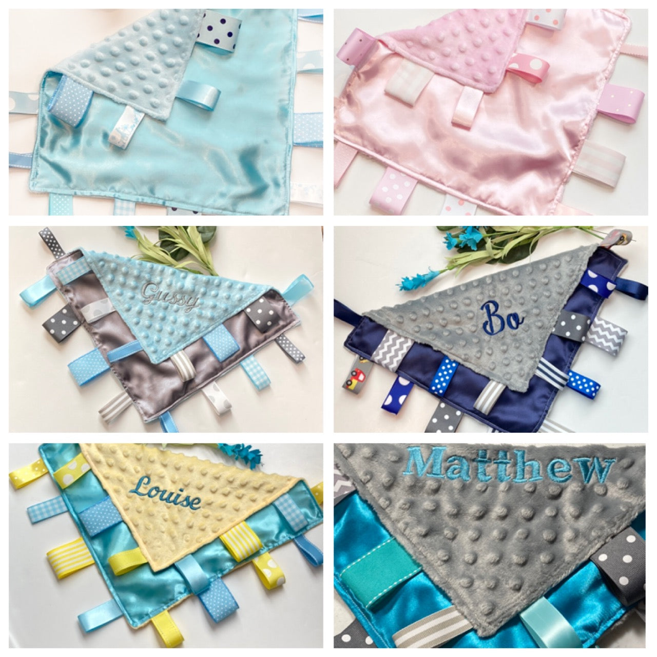 Satin and minky ribbon tag lovey Blanket, choose satin and minky colors, baby shower, birthday or christening  gift for girl or boy sensory toy 12”
