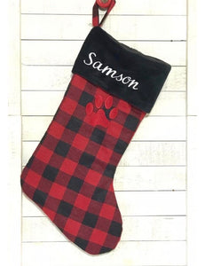 Pet Christmas stocking buffalo plaid with embroidered personalization for dog or cat; flannel with  minky cuff and fully lined; 18" roomy size