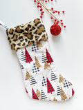 Christmas stocking/personalize option/Leopard buffalo plaid/modern style trees/buffalo plaid or leopard cuff/fully lined/16.5"