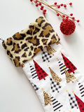 Christmas stocking/personalize option/Leopard buffalo plaid/modern style trees/buffalo plaid or leopard cuff/fully lined/16.5"