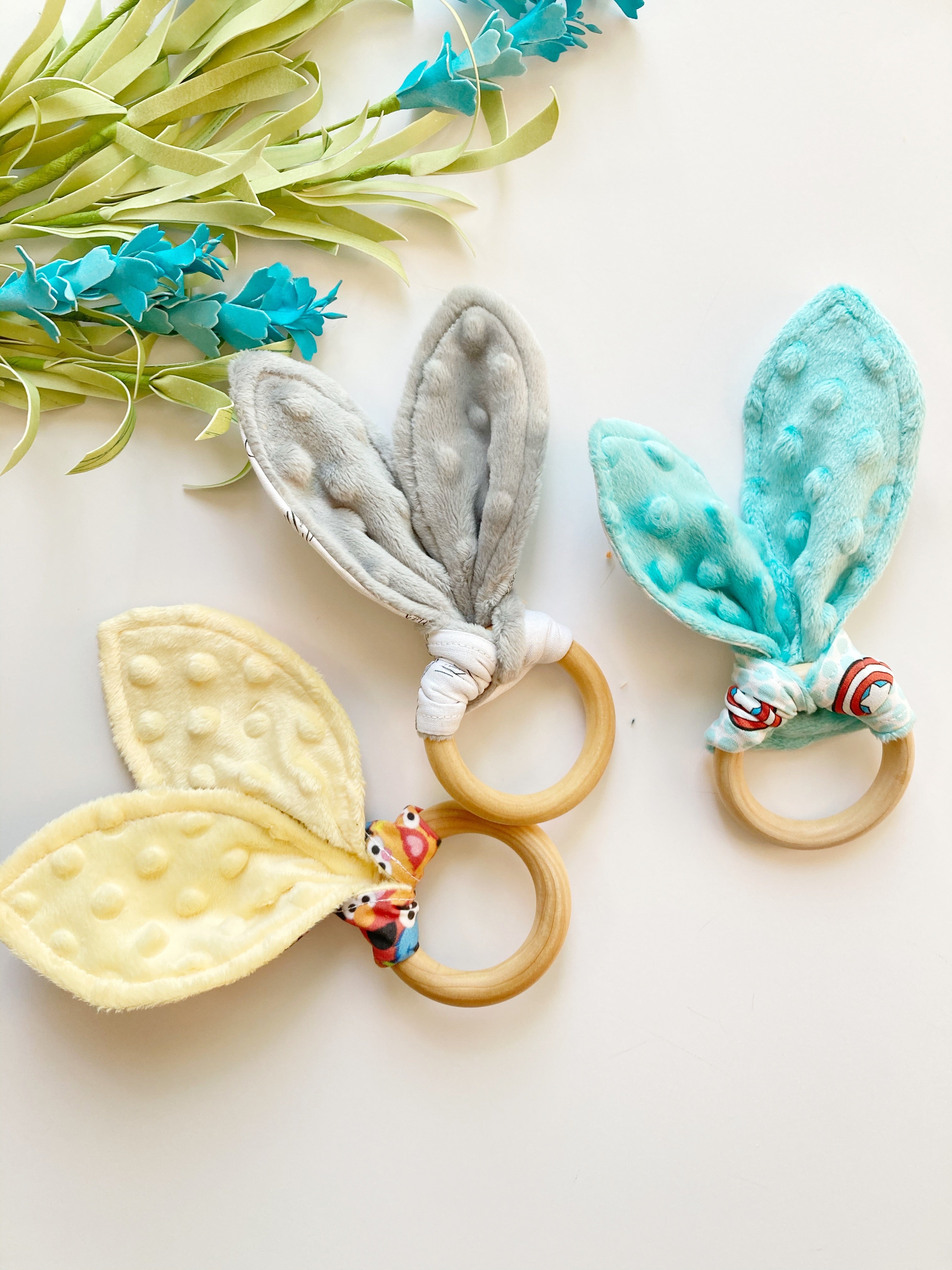 Baby bunny ear wooden ring teether with boho floral leopard Winnie the Pooh and more cotton fabric options with soft minky on reverse side, 2.75” baby safe wooden ring
