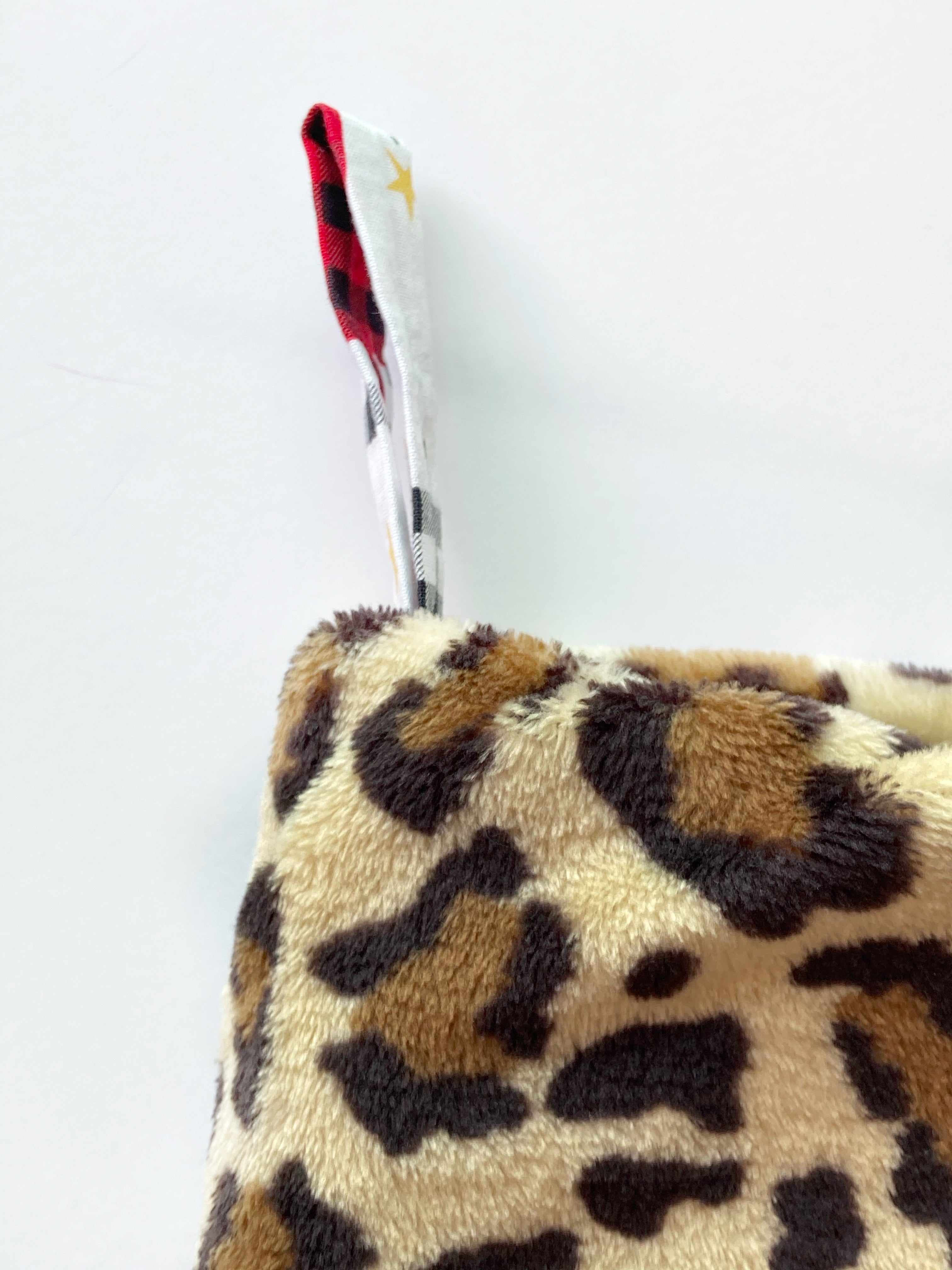 Christmas stocking/personalize option/Leopard buffalo plaid/modern style trees/buffalo plaid or leopard cuff/fully lined/16.5"