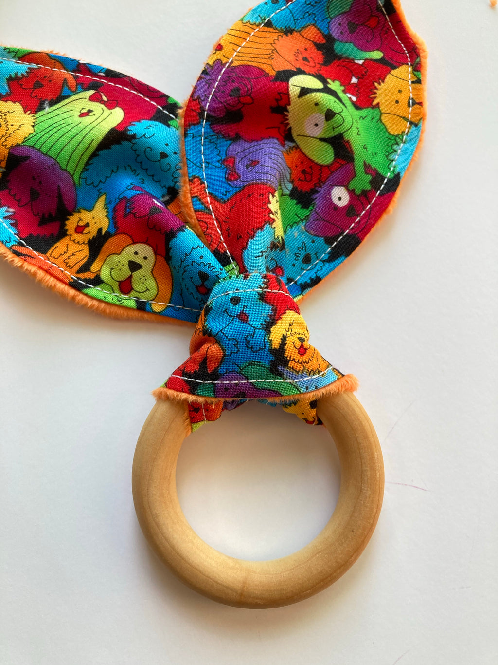 Baby bunny ear wooden ring teether with boho floral leopard Winnie the Pooh and more cotton fabric options with soft minky on reverse side, 2.75” baby safe wooden ring
