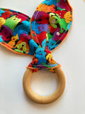 Baby teether toy | bunny ear wooden ring teether | boho floral leopard Winnie the Pooh | 2.75” ring | minky cotton | baby shower gift